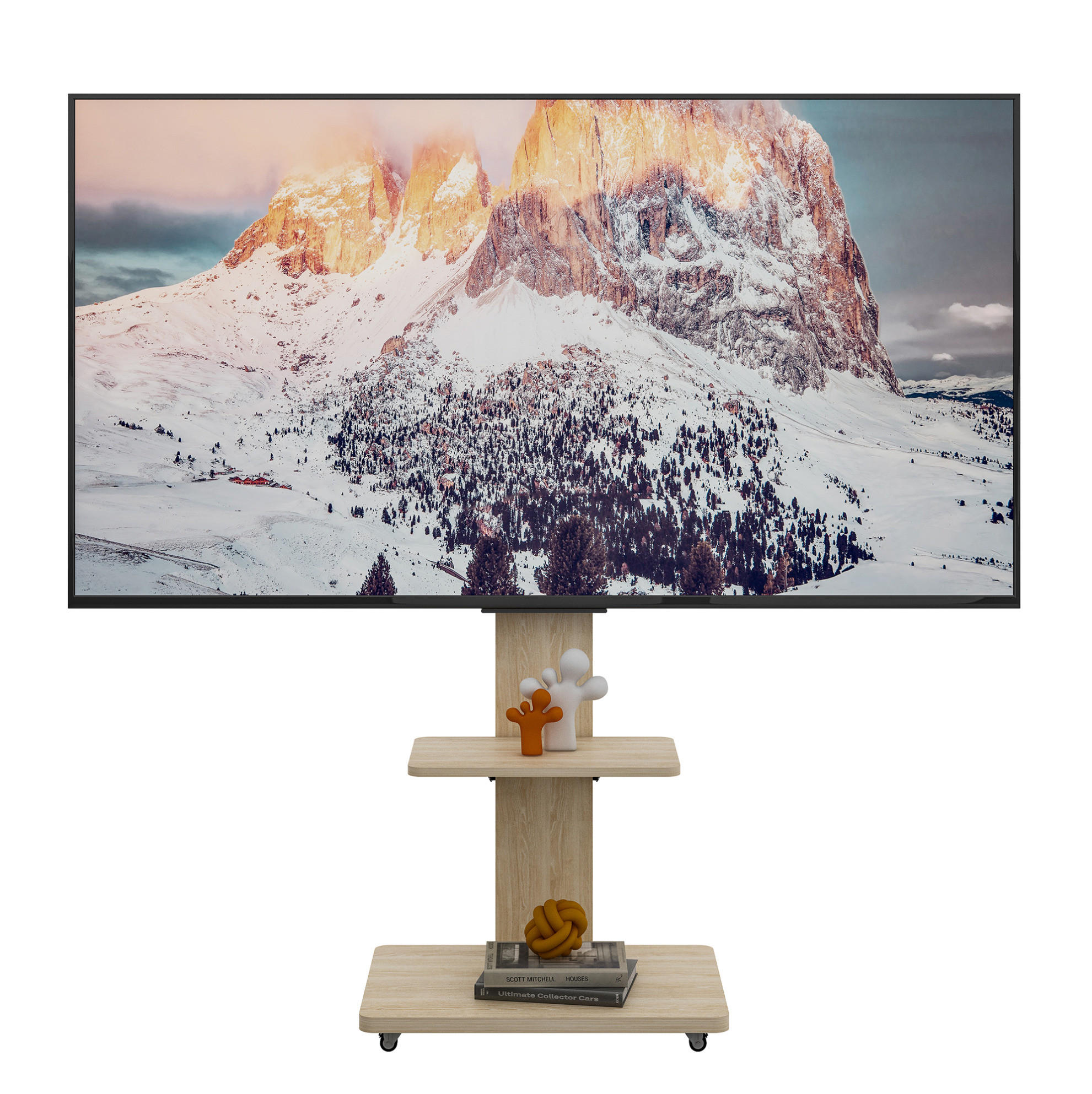 TV-STÄNDER Breite 60 cm höhenverstellbar mit Rollen & MDF-Ablagen - Hellbraun, Holzwerkstoff (60/150/40cm) - BEAOK