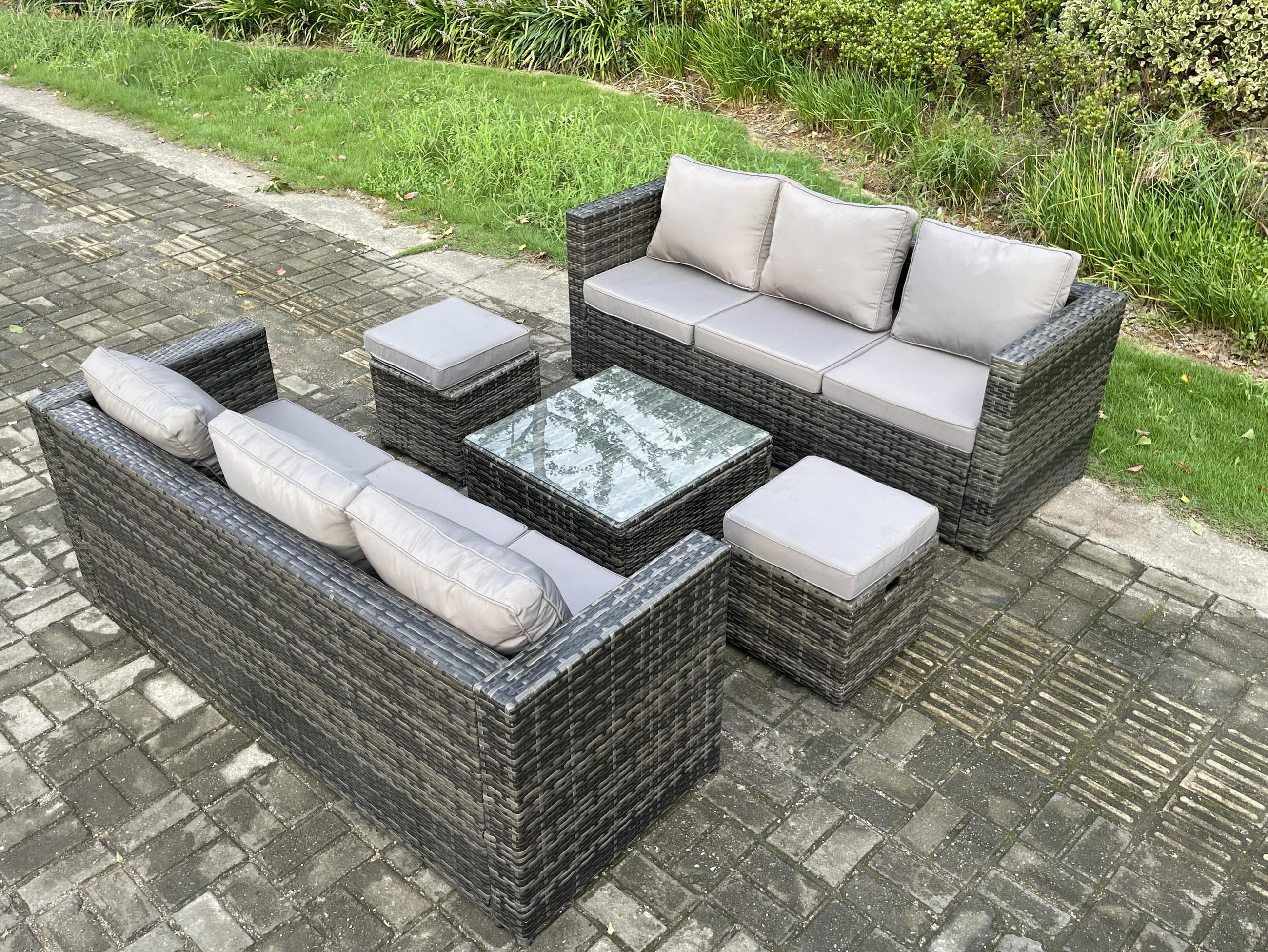 GARTENLOUNGE-SET Polyrattan 8-Sitzer - Dunkelgrau, Metall - Fimous