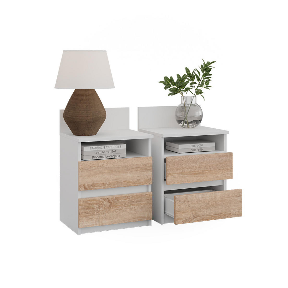 NACHTTISCH Monty Weiß/Sonoma 32.3 x 59.1 cm 2er Set - Weiß/Sonoma Eiche, Holzwerkstoff (32.3/59.1/39.6cm) - Vicco