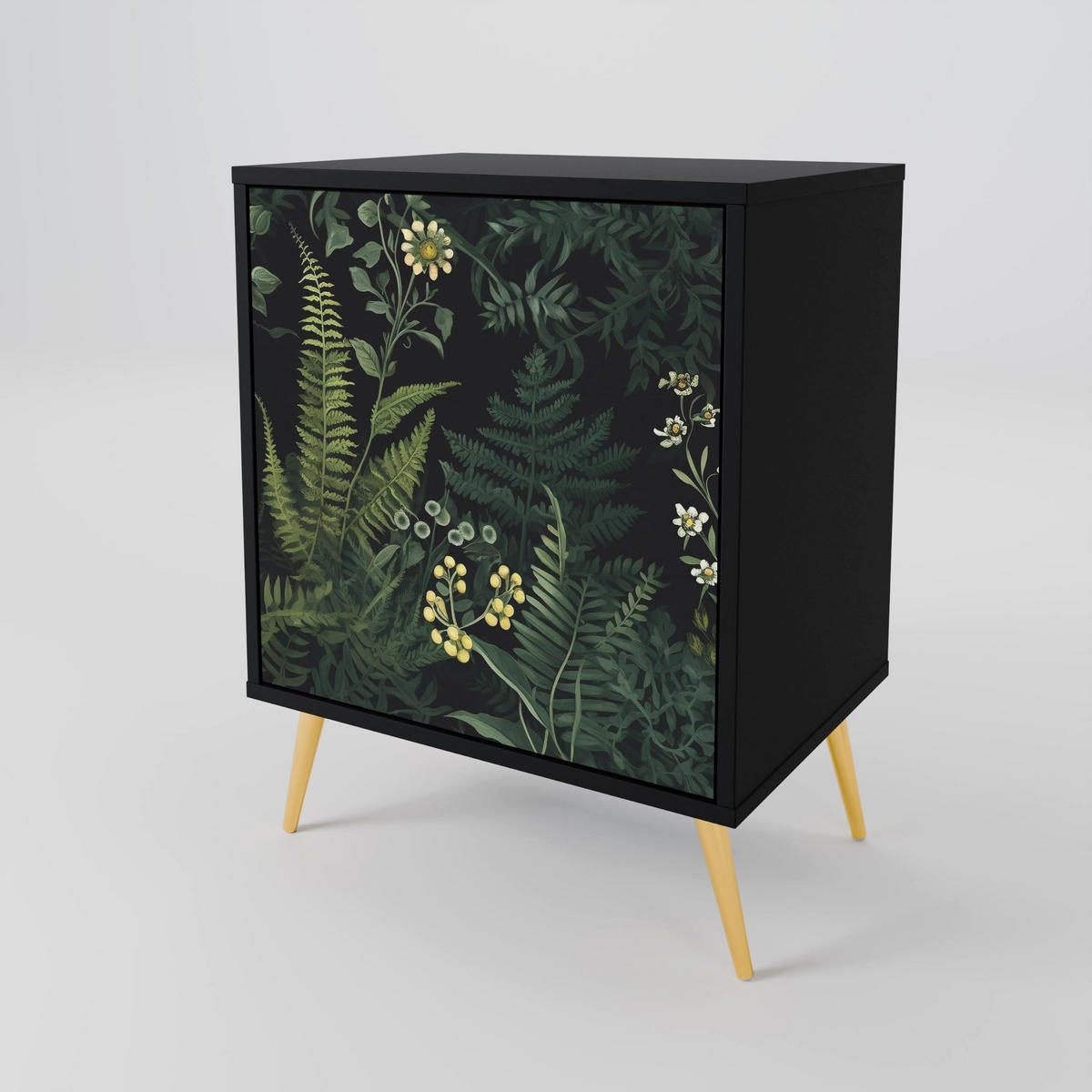 SIDEBOARD FERN FLOWERS, Schwarz, 57,5x42x72,5 cm, Schwarze Metallfüße - Multicolor/Schwarz, Holzwerkstoff/Metall (57.5/72.5/42cm) - SpaceRebels