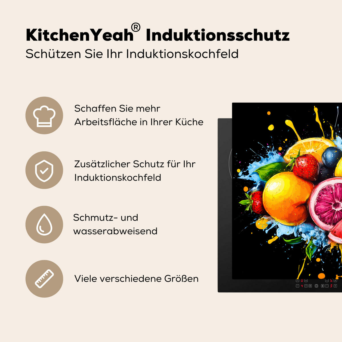 HERDABDECKPLATTE Obst - Graffiti - Bunt - Orange - Erdbeere - Abstrakt 70x52 cm - Orange, Kunststoff (70/0.2/52cm) - MuchoWow