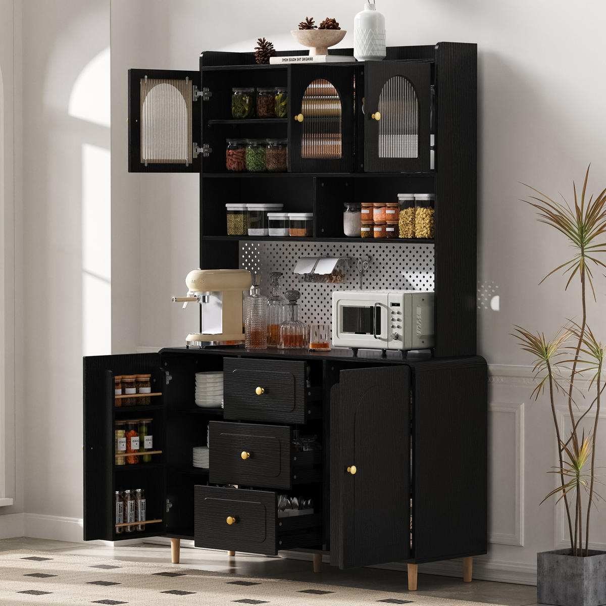 BUFFET 120x40x190 cm Schwarz mit Fluted Glas & Lochplatte - Schwarz, Holzwerkstoff (120/190/40cm) - Modfu