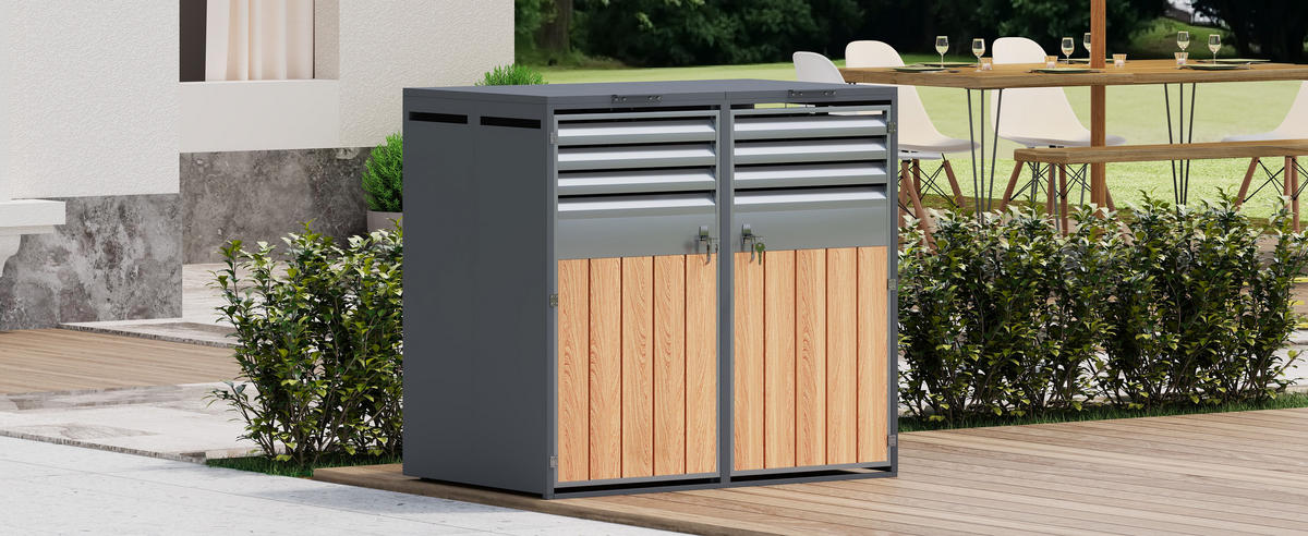 MÜLLTONNENBOX Klappdeckel 2 Türen Lamellen Lüftung - Grau, Metall (132/118.5/80cm) - LEBENLANG