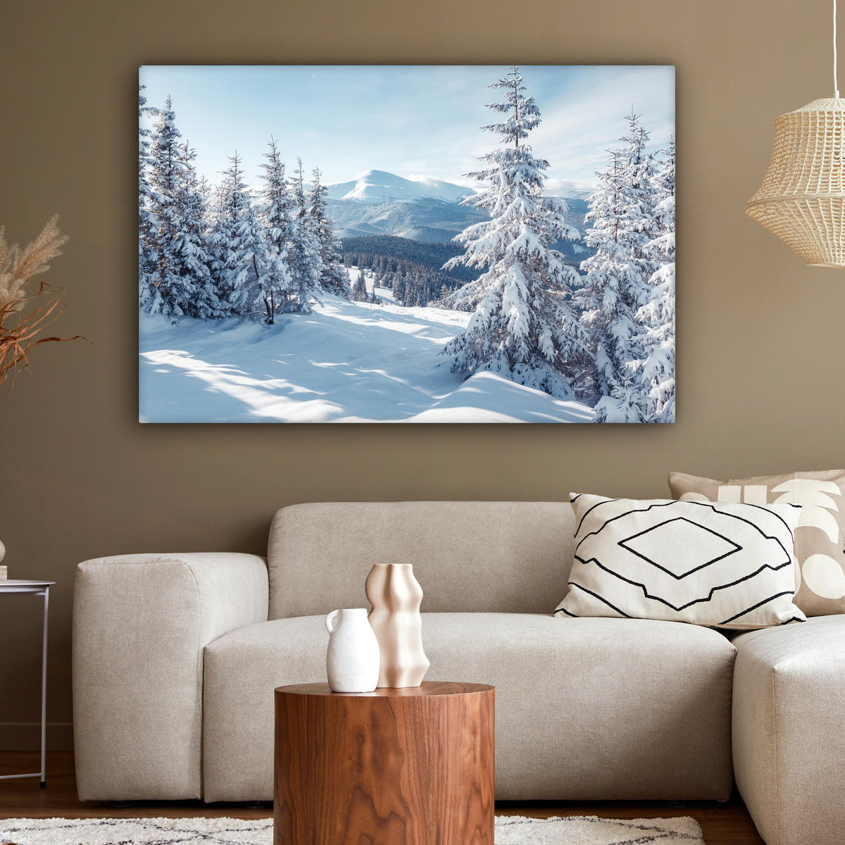 LEINWANDBILD Winterlandschaft - Natur - Berge - Bäume - Schnee Groß 140x90 cm - Hellblau, Textil (140/90cm) - MuchoWow