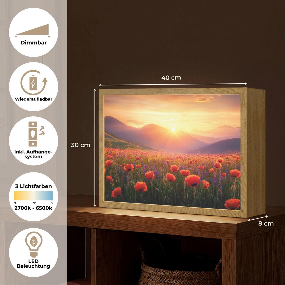 WANDLEUCHTE MIT AKKU Landschaft - Sonnenuntergang - Blumenfeld 40x30 cm - Rot, Holzwerkstoff (40/30/8cm) - OnlyWow