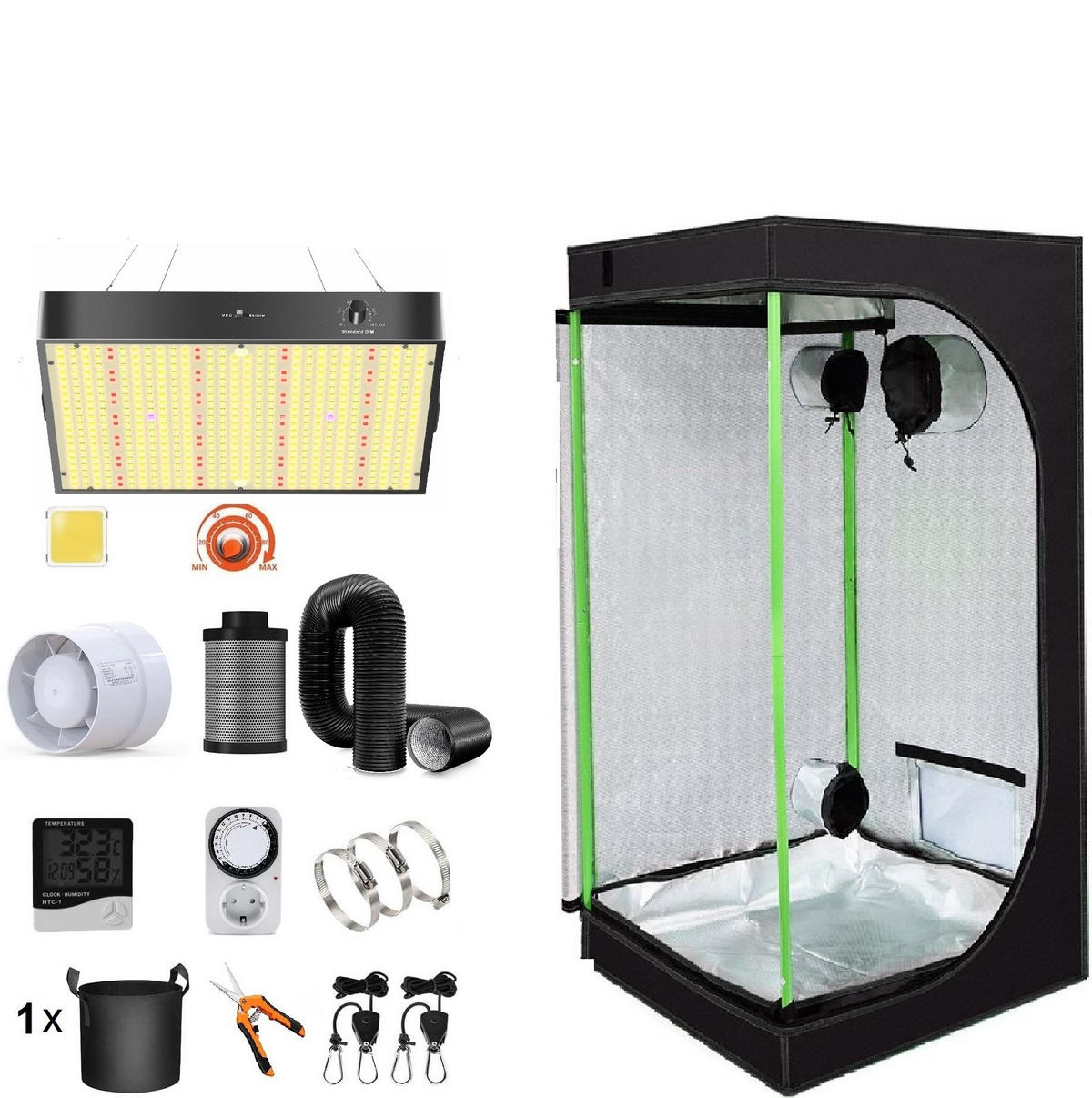 GROWBOX KOMPLETTSET – 140×140×200 cm LED 200W Vollspektrum, Abluftset & Kohlefilter, Grow Zelt für Indoor Pflanzenanbau - Multicolor, Textil (140/200/140cm) - JUNG