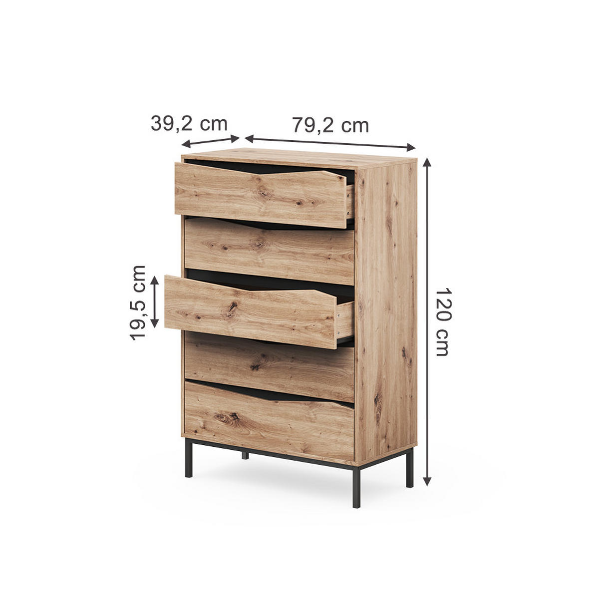 KOMMODE Elvano, Eiche/Schwarz, 79.2 x 120 cm mit 5 Schubladen - Eichefarben/Schwarz, Holzwerkstoff (79.2/120/39.2cm) - Vicco