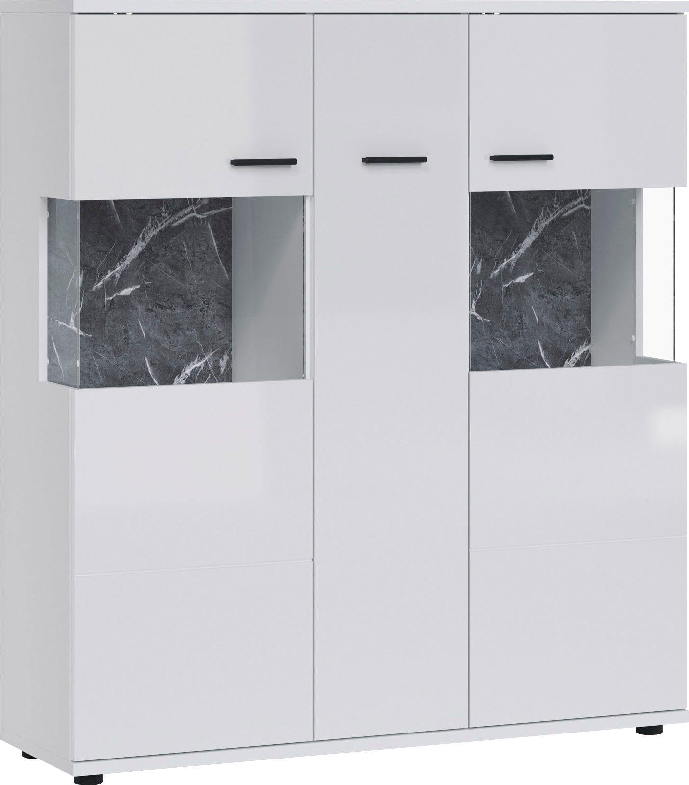 HIGHBOARD Henley weiß Hochglanz / Einsatz Sinope Marble 120 / 37 / 134cm - Weiß Hochglanz/Weiß, Holzwerkstoff/Kunststoff (120/134/37cm) - Feldmann-Wohnen