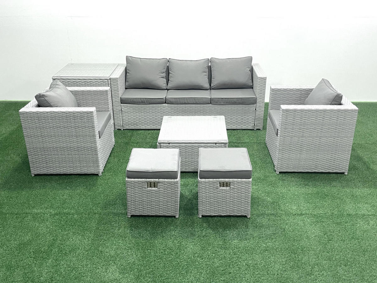 GARTENMÖBEL-SET mit Kissen Polyrattan Hellgrau-Mix 7-Sitzer - Hellgrau/Grau, Glas/Kunststoff - Fimous