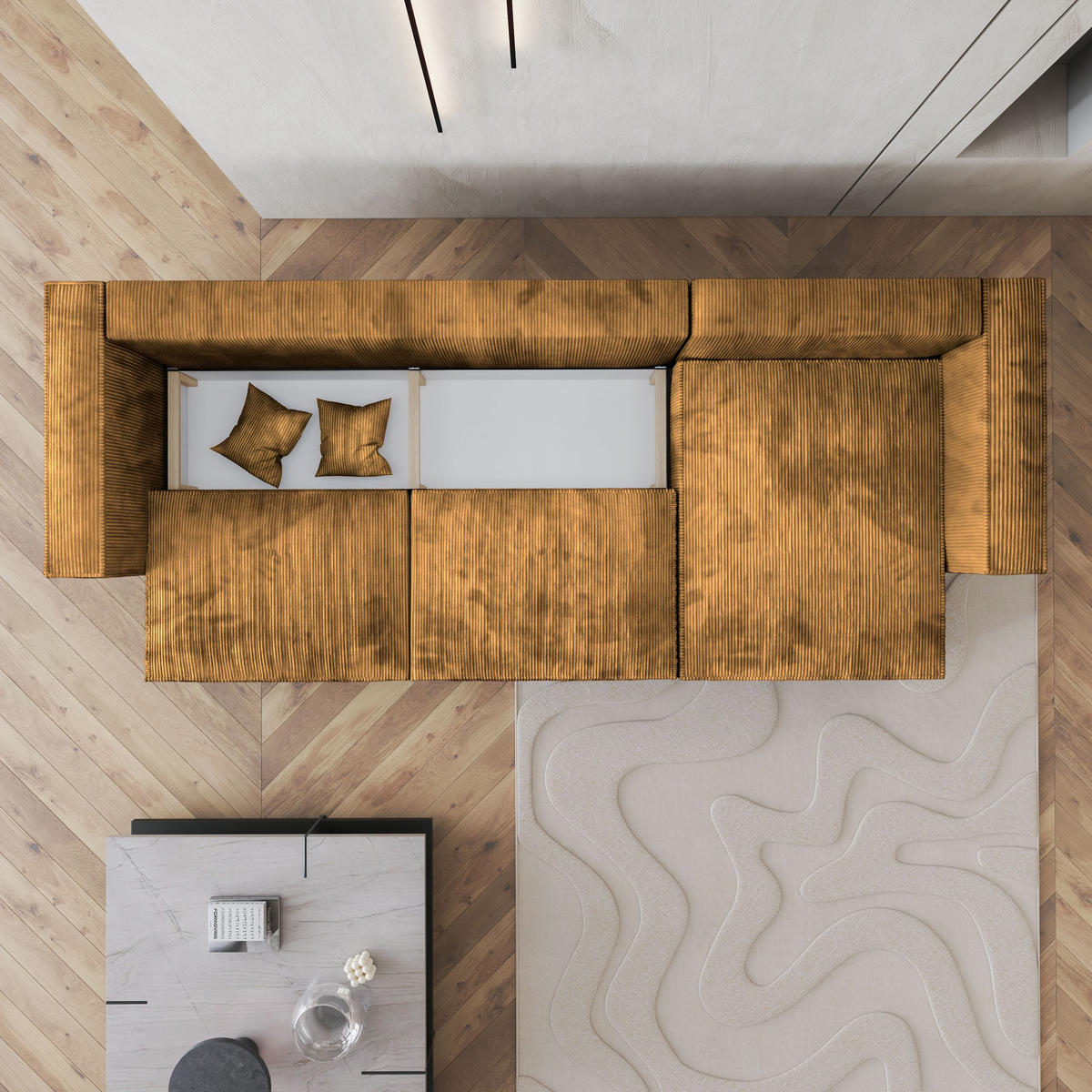 ECKSOFA TOLMO P Gelb Kordstoff mit Schlaffunktion - Gelb, Holz (347/148cm) - MASSENO