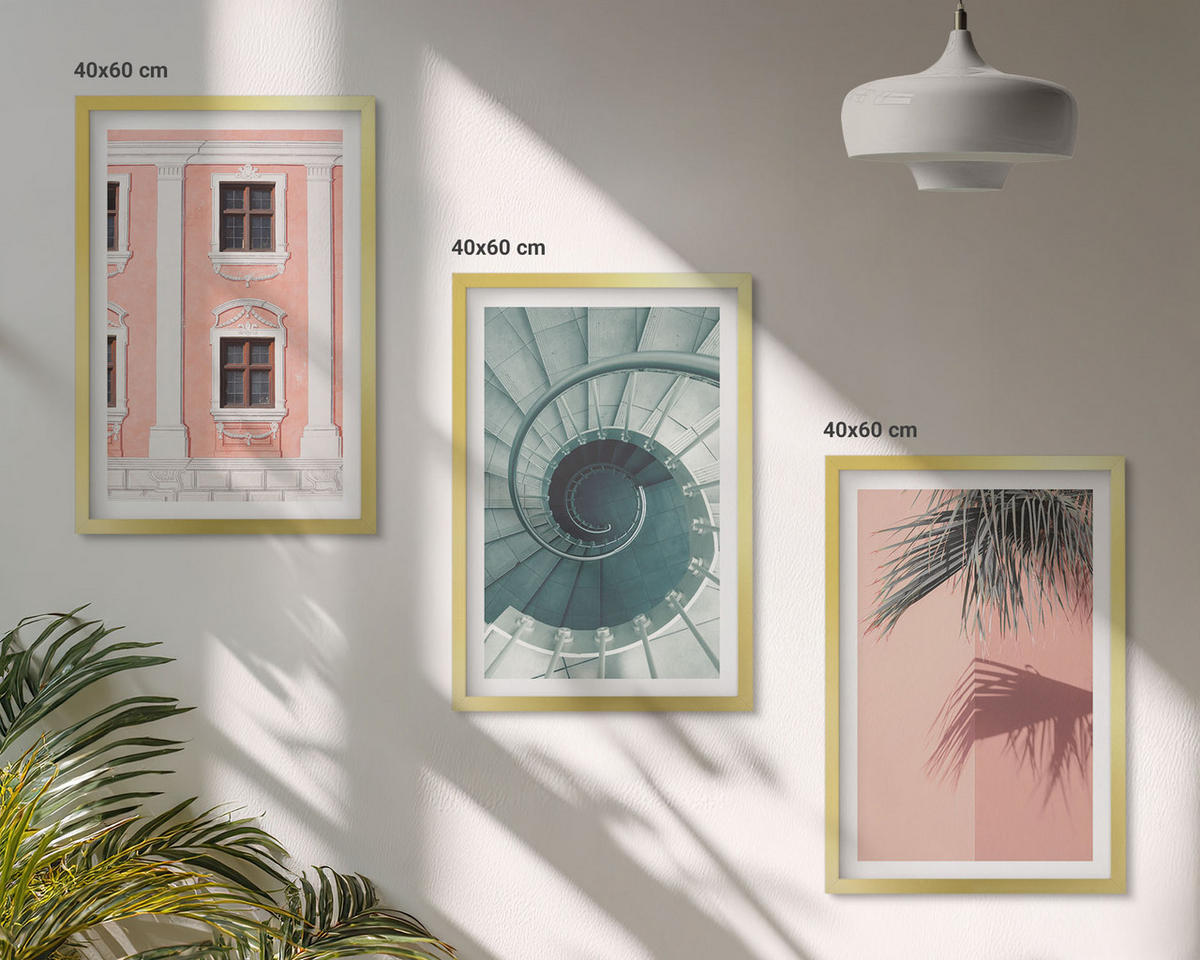 BILDER SET 3er Set - 40x60 cm Goldrahmen - Pastellfarbene Spiralarchitektur - Goldfarben, Kunststoff (40/60cm) - TULUP