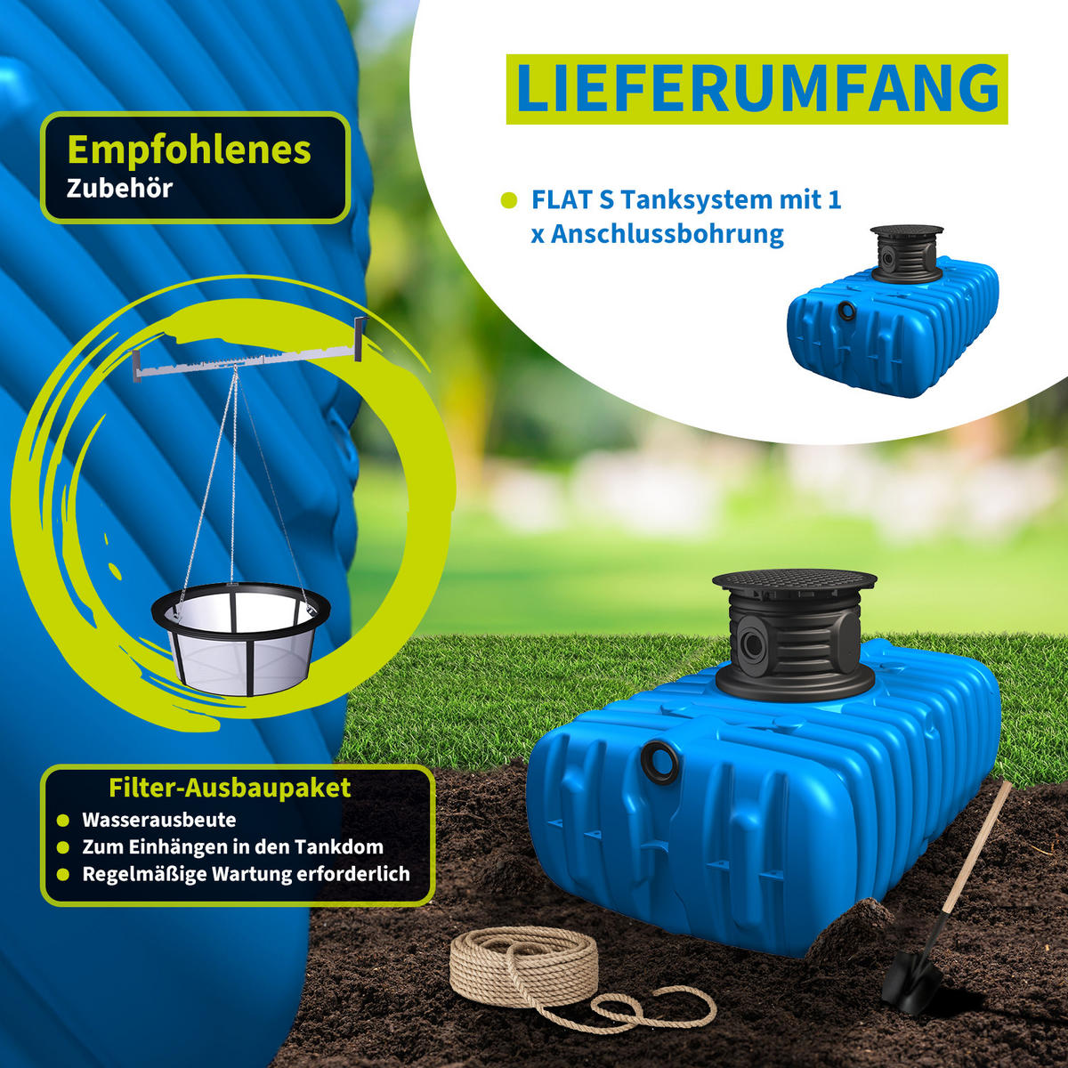 S Flachtank 1500 L inkl. Schachtverlängerung - Blau, Kunststoff (132/75/210cm) - 4rain