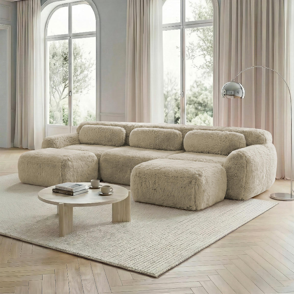 WOHNLANDSCHAFT Plüsch Hellkhaki mit Kissen - Beige, Textil (291/73/179cm) - WISHDOR