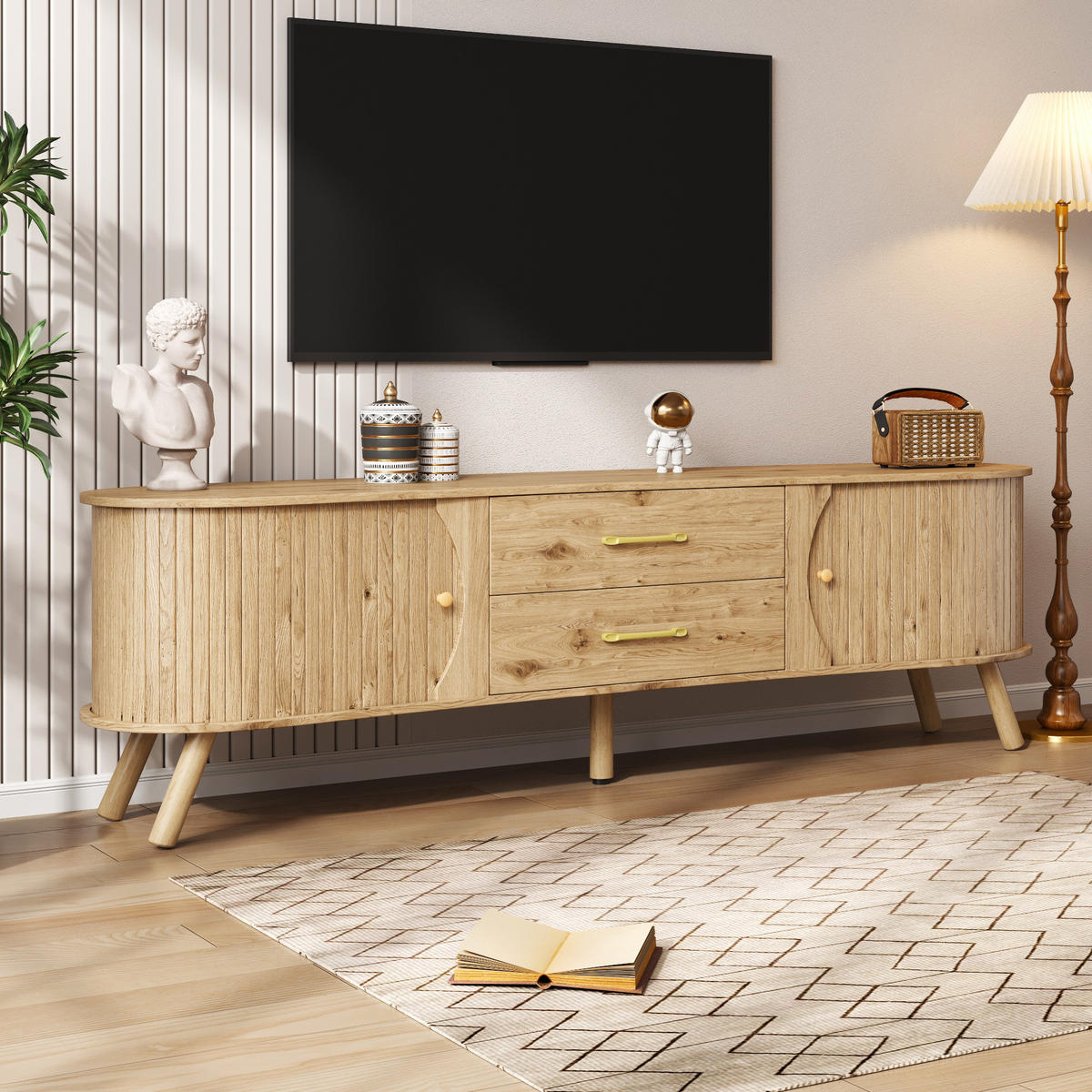 TV-LOWBOARD organisch Rillenoptik 2 Türen 2 Schubladen - Naturfarben, Holz (160/55/36.5cm) - Fortuna Lai