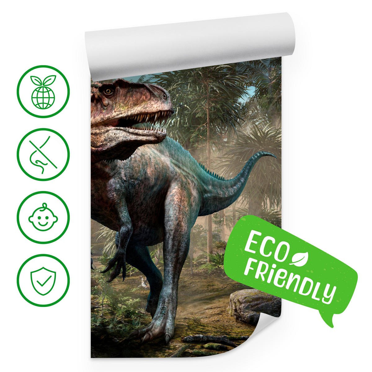 FOTOTAPETE für Jugendzimmer Realistischer Dinosaurier Dschungel Palmen 350x256 - Beige/Schwarz, Papier (350/256cm) - Muralo