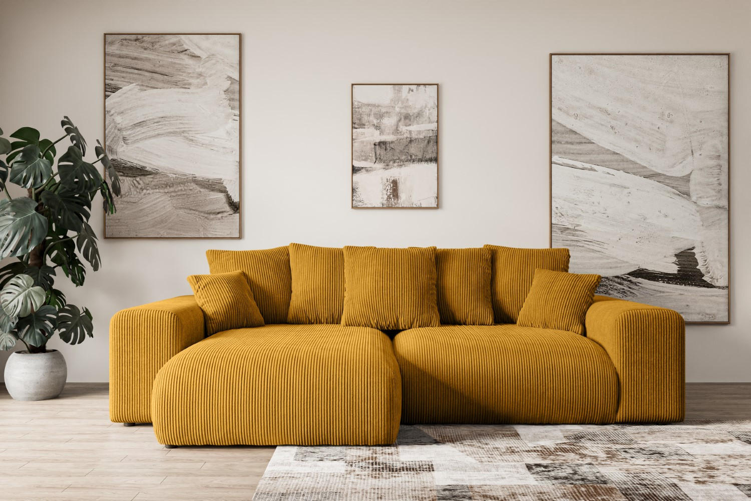 ECKSOFA mit Schlaffunktion und Bettkasten ESKAR-L 256x165x84cm Gelb Cord - Gelb/Schwarz, Holzwerkstoff/Kunststoff (256/165cm) - ALTDECOR