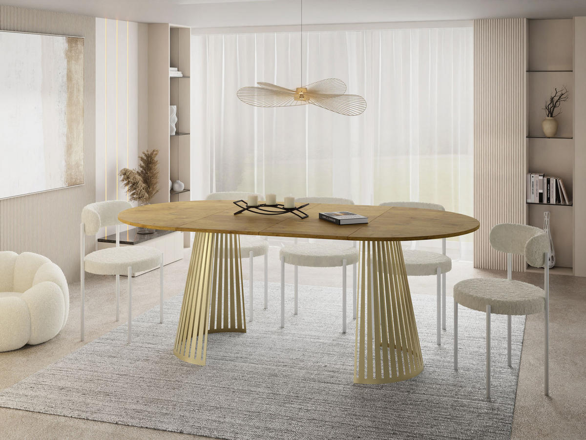 ESSTISCH Naro rund ausziehbar mit Goldenem Lamellen-Metallgestell, Braun 100-180/100/76 cm - Eichefarben/Goldfarben, Holzwerkstoff/Metall (100/100/76cm) - WFL GROUP