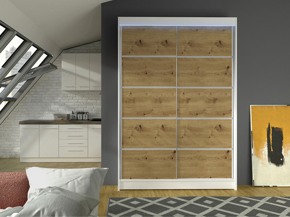 SCHWEBETÜRENSCHRANK Lino IV mit RGB LED Beleuchtung - Weiß/Eiche Artisan, Holzwerkstoff/Metall (120/200/58cm) - MIRJAN24