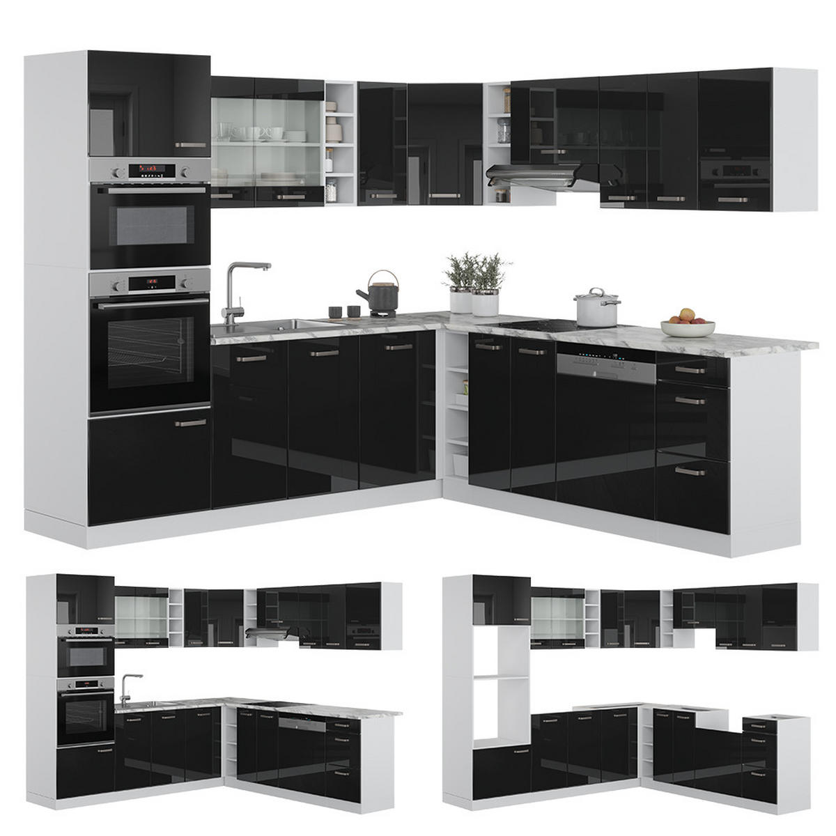 ECKKÜCHE R-Line Schwarz Hochglanz/Weiß 237 x 60 cm ohne AP - Schwarz Hochglanz/Weiß, Holzwerkstoff (247/81.6/46cm) - Vicco