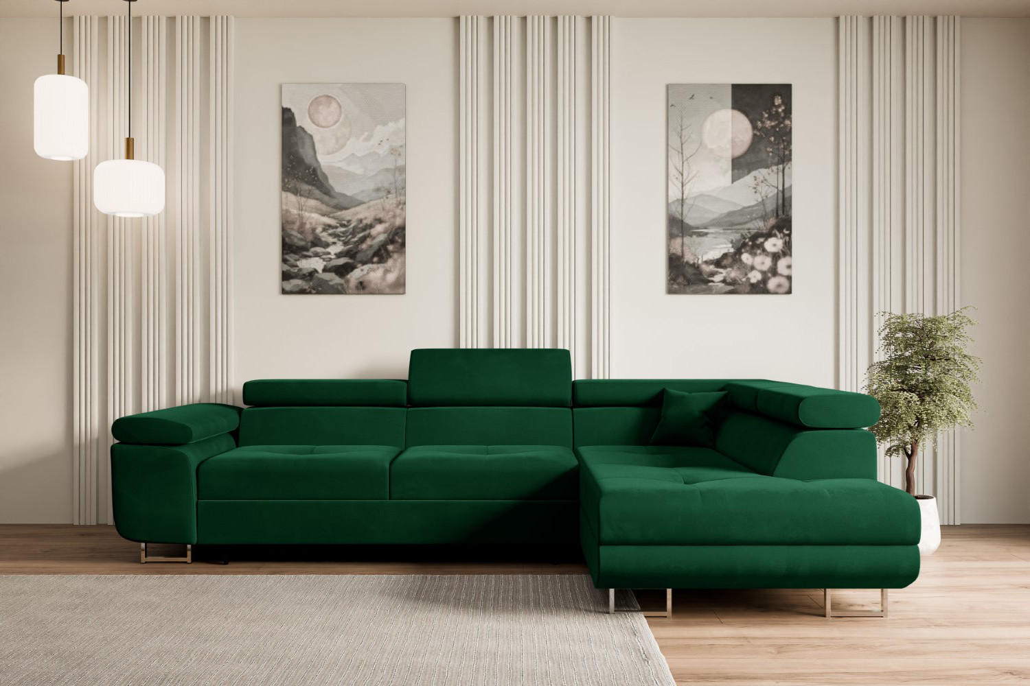 ECKSOFA mit Schlaffunktion und Bettkasten GUSA-L 272x202x107 cm Grün Velours - Silberfarben/Grün, Holzwerkstoff/Textil (272/202cm) - ALTDECOR