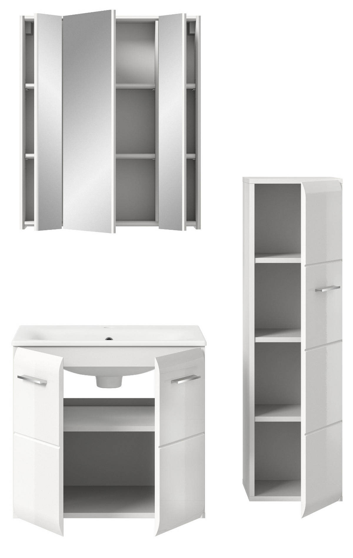 BADMÖBEL SET 3-teilig weiß Hochglanz 105 cm, Badkombination inklusive Waschbecken - Weiß Hochglanz/Silberfarben, Holzwerkstoff/Kunststoff (105/185/46cm) - Inn.Furn