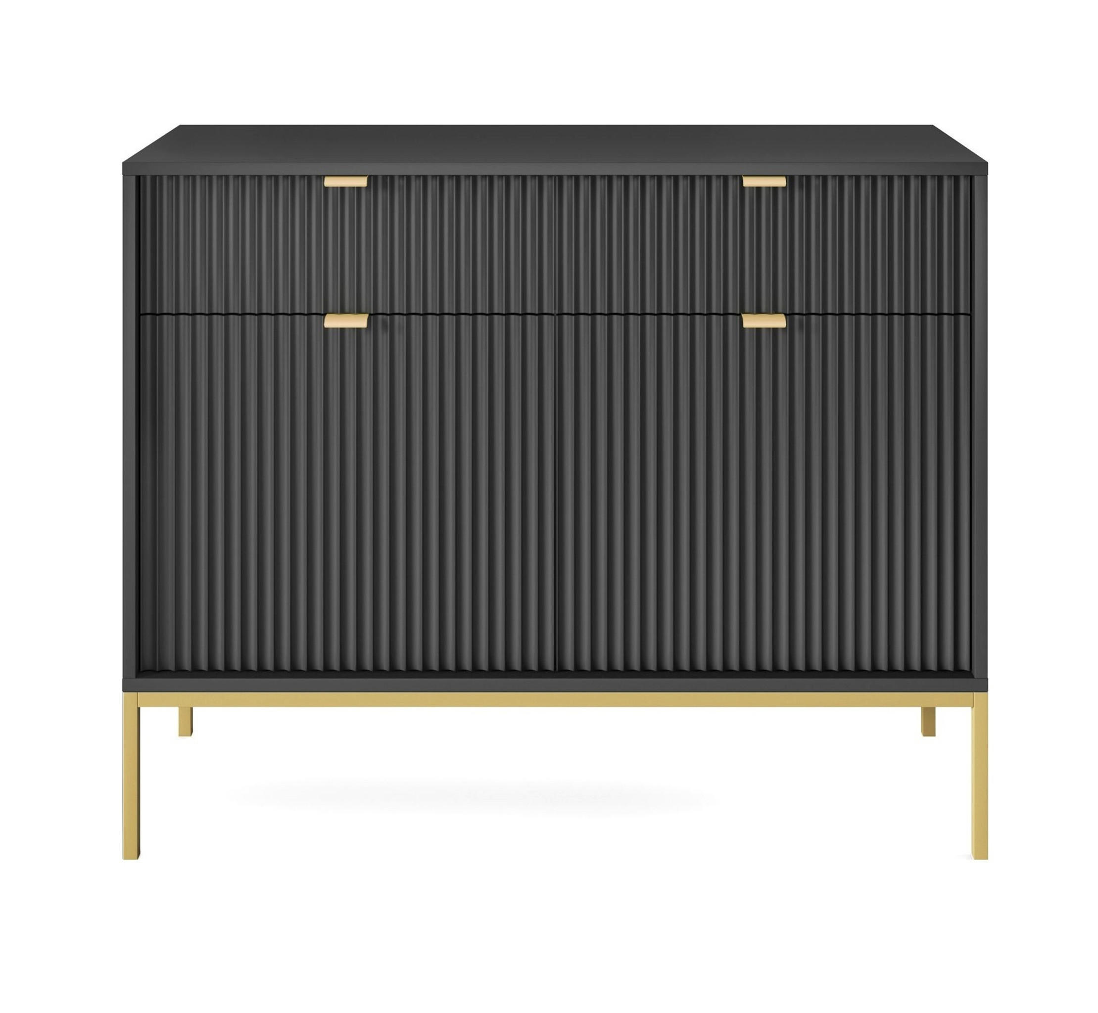 SIDEBOARD Eternas 2T 2S Schwarz 104/83/39 cm – goldene Füße, mit geriffelten Fronten - Goldfarben/Schwarz, Holzwerkstoff (104/83/39cm) - AX Living