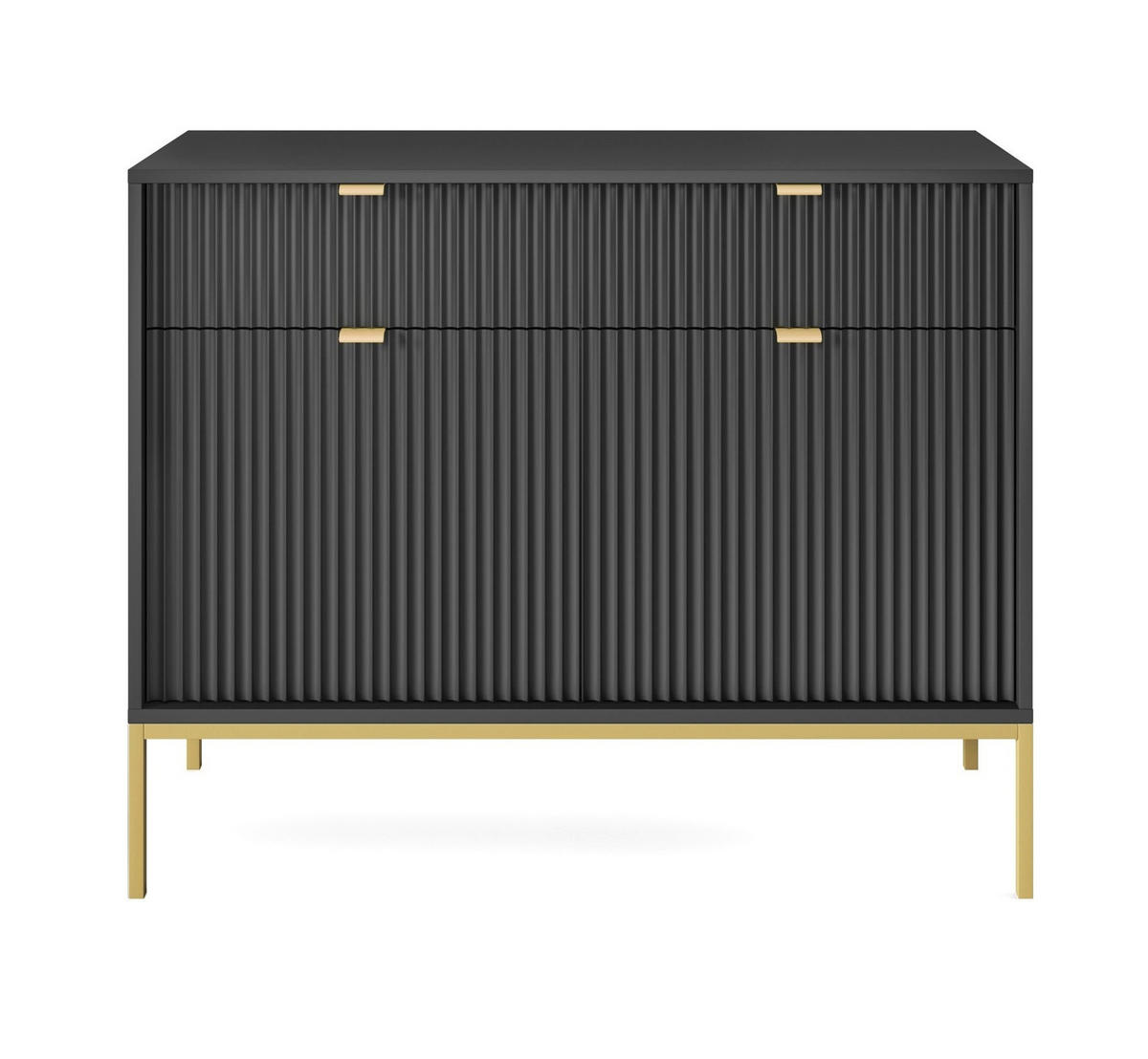 SIDEBOARD Eternas 2T 2S Schwarz 104/83/39 cm – goldene Füße, mit geriffelten Fronten - Goldfarben/Schwarz, Holzwerkstoff (104/83/39cm) - AX Living