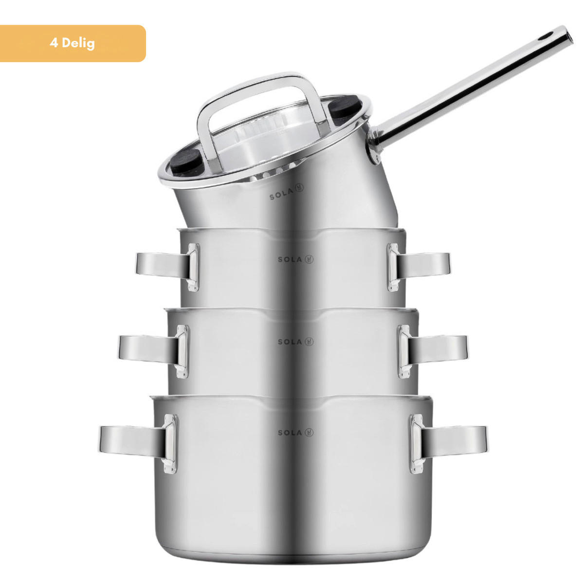 TOPFSET Juvia 4-teilig – Edelstahl – downdraft-geeignet – Kochtöpfe Ø 16, 18, 20 cm & Stieltopf Ø 16 cm – geeignet für alle Herdarten - Silberfarben, Metall - Sola