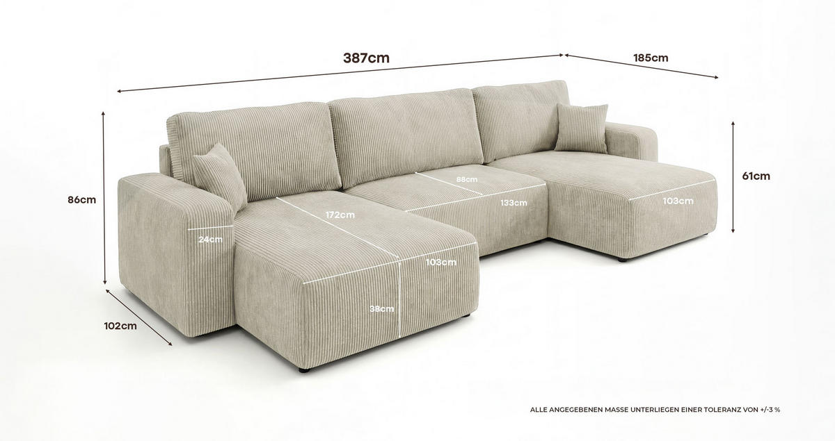 WOHNLANDSCHAFT BERLIN U-Form weiß Cord Poso 100 - Schlaffunktion, Bettkasten - Weiß, Textil (385/86/185cm) - Cornero