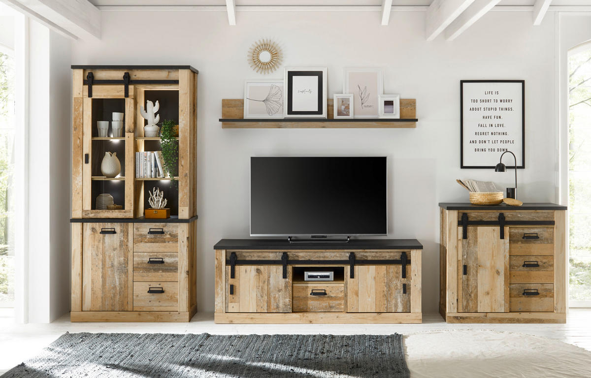 WOHNWAND Used Wood hell, anthrazit 4-teilig 388 cm, Schrankwand mit Soft-Close - Anthrazit/Schwarz, Glas/Holzwerkstoff (388/201/43cm) - Furn.Design