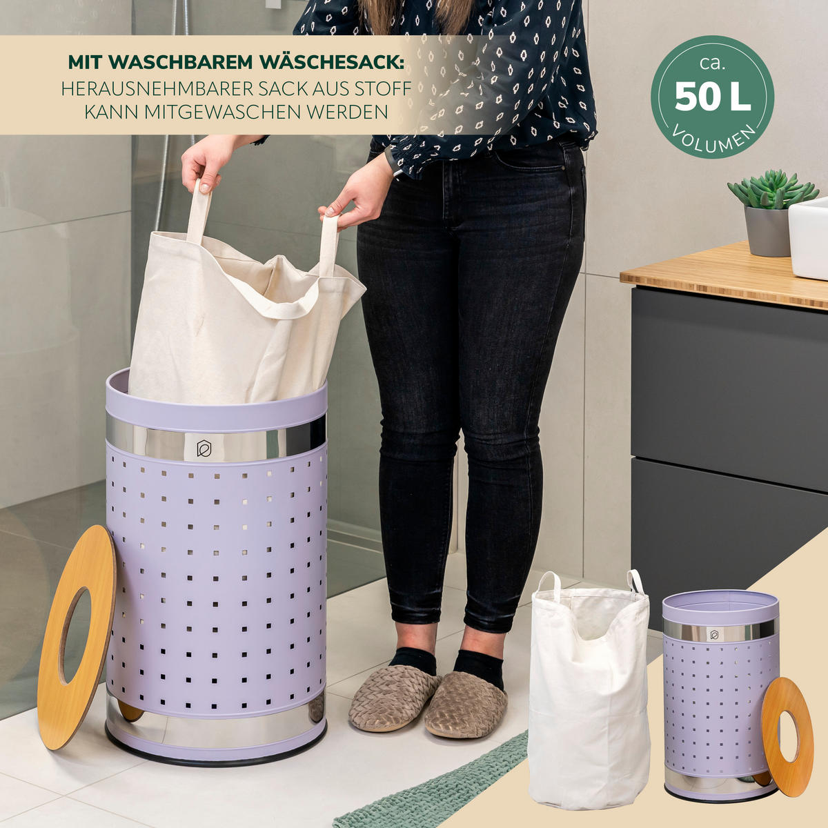 WÄSCHETONNE 50 Liter, lila - Lila, Metall (35.5/57.5/35.5cm) - eluno