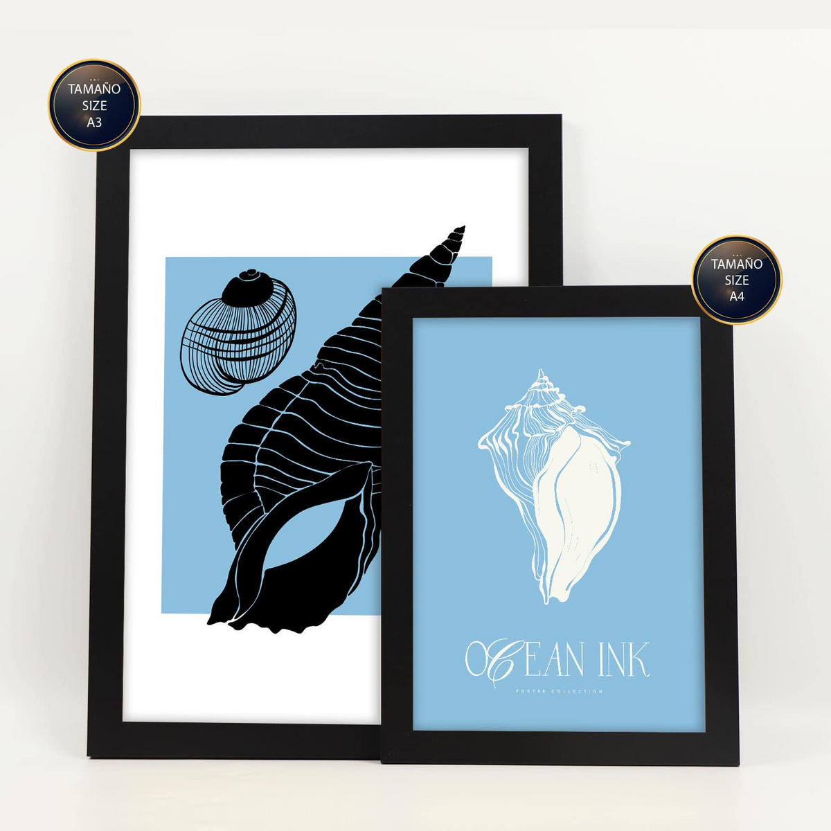 POSTER Set Mit 6 In Schwarzer Tinte Meeresschnecken Kunstdrucke Von Meer Und Ozean Für Innenarchitektur A3 & A4 Schwarzer Rahmen - Schwarz, Papier (29/3cm) - Nacnic