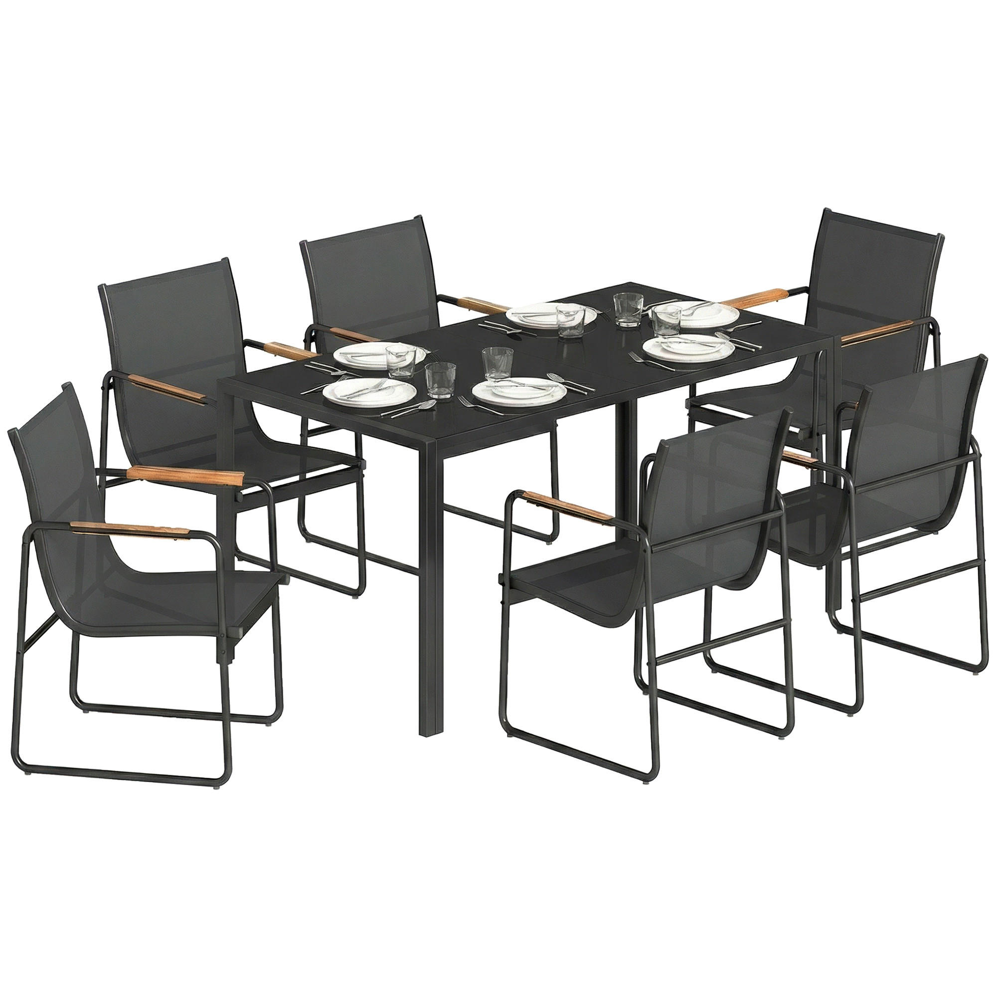 GARTENTISCHGRUPPE DE-18119 7-teilig, Glasplatte, Mesh-Bezug Schwarz - Schwarz, Metall - ComfortXL