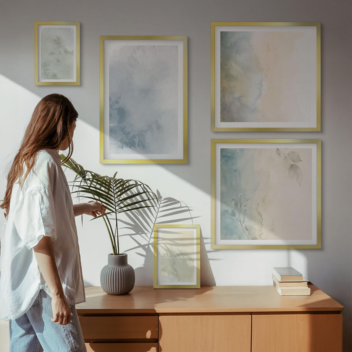 BILDER SET 5er Set - 50x50 cm & 20x30 cm & 40x60 cm Goldrahmen - Pastellfarbene Aquarell-Leinwandtextur - Goldfarben, Kunststoff (40/60cm) - TULUP
