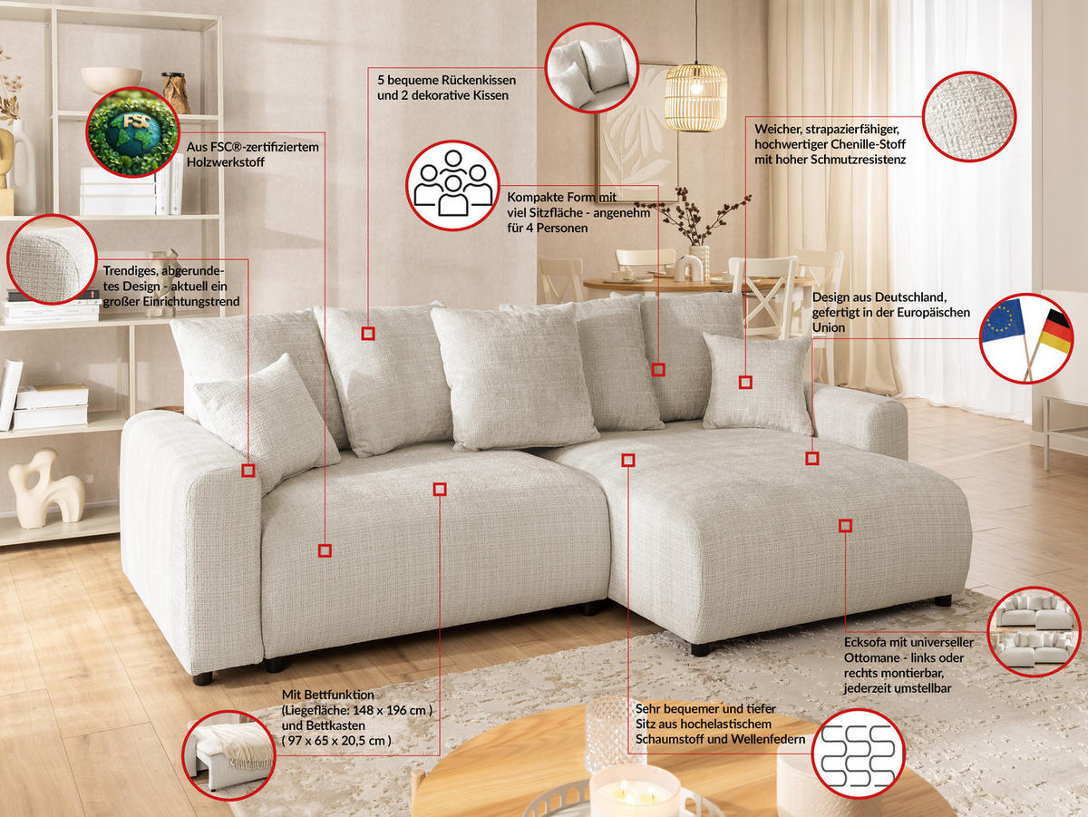 ECKSOFA Calma mit Schlaffunktion und Bettkasten im Bumpy-Design aus weichem Beige Chenille-Stoff - Ottomane rechts - Beige/Schwarz, Holz/Kunststoff (239/140cm) - S-Style Möbel