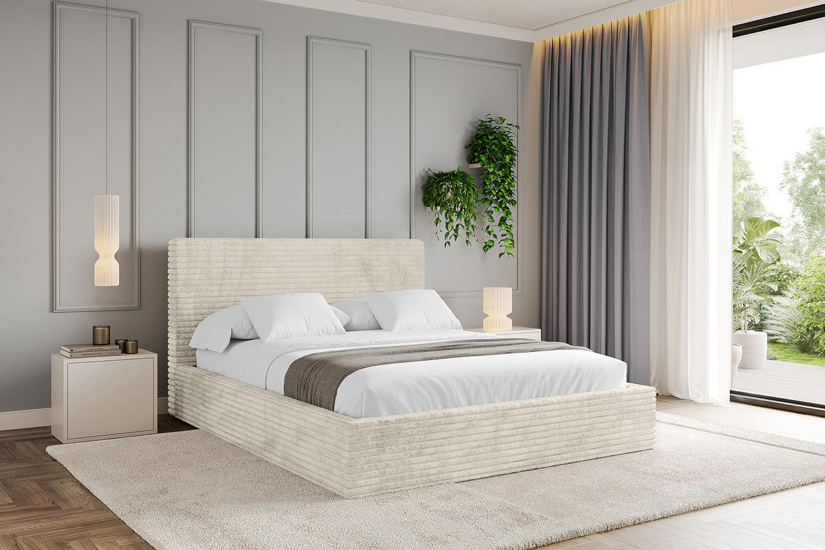 POLSTERBETT mit Bettkasten und Lattenrost, Bett mit Matratze H3/H4 - ALOVA - Beige, Holzwerkstoff/Textil (180/200cm) - ALTDECOR
