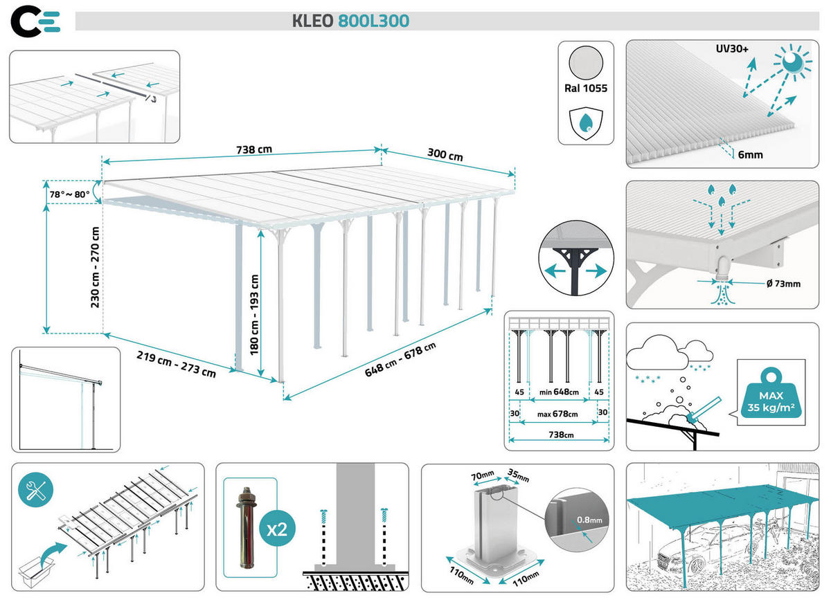 PERGOLA / CARPORT Kleo Weiß 8m x 3m - Weiß, Metall (748/270/300cm) - Cazeboo