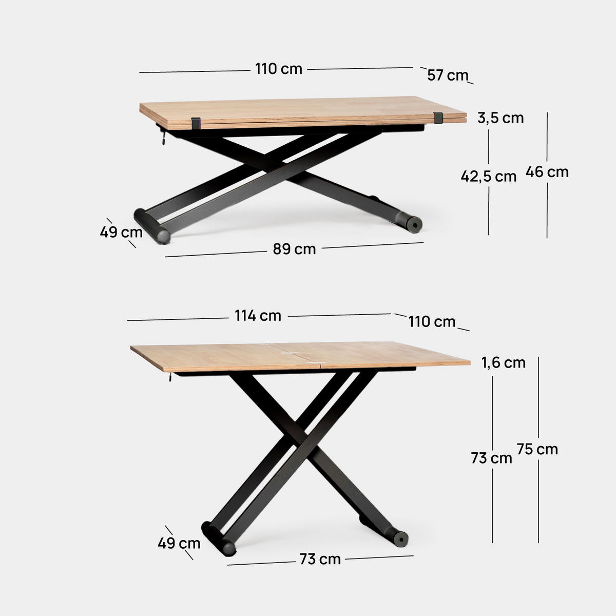 COUCHTISCH AUSZIEHBARER UND ERHÖHTER Tapi 110 cm x 46-75 cm - Hellbraun, Holz (57/110/46cm) - Klast Home