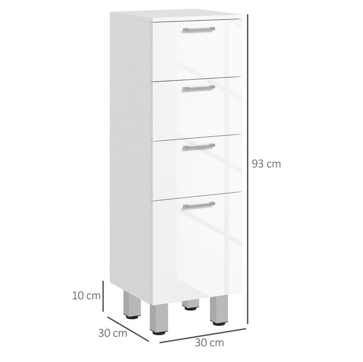 BADEZIMMERSCHRANK 30x30x93 cm Weiß aus Massivholz mit 4 Schubladen & Hochglanzfront - Weiß, Holzwerkstoff (30/93/30cm) - Modfu