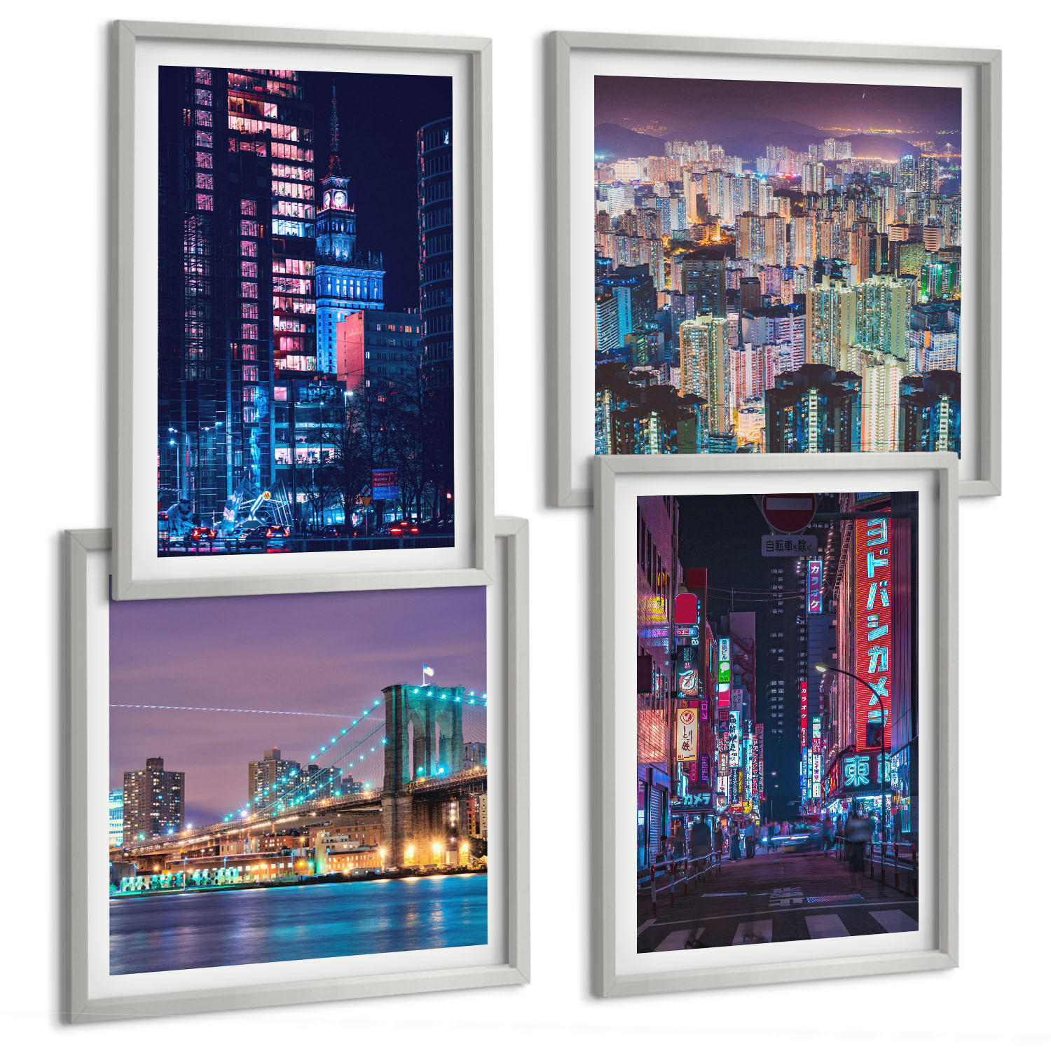 BILDER SET 4er Set - 50x50 cm & 40x60 cm Silberner Rahmen - Nachtstädte mit Neonlichtern - Silberfarben, Kunststoff (50/50cm) - TULUP