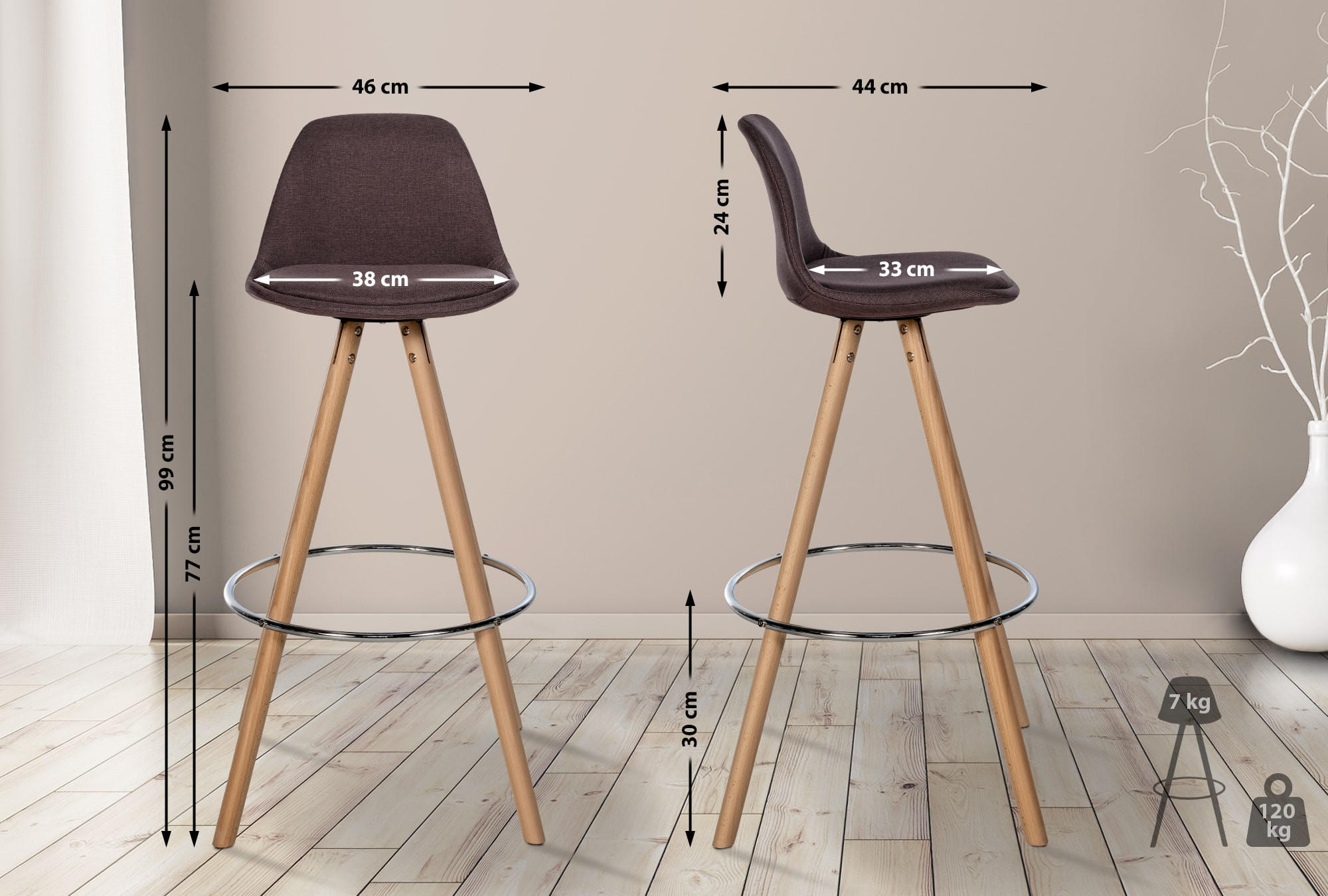 BARHOCKER PALMA Braun Stoff Braun - Braun, Holz/Textil (38/99/44cm) - DELUKE
