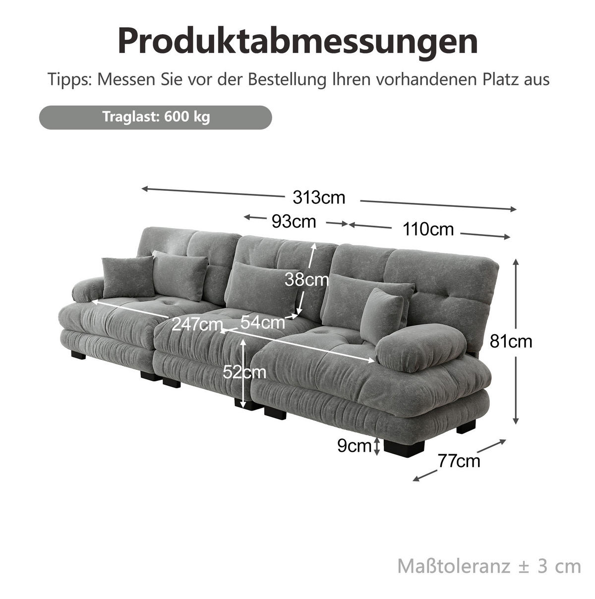 SOFA in Grau mit Tiefensitz und Chenillebezug - Grau, Textil (77/81/313cm) - Flora Grace