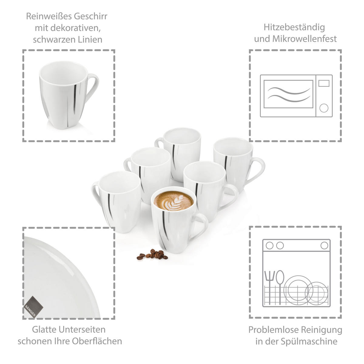 KAFFEEBECHEER SET BILGOLA BLACK LINES - 6 teilig aus Porzellan - Weiß, Keramik (32/18.5/23cm) - Sänger