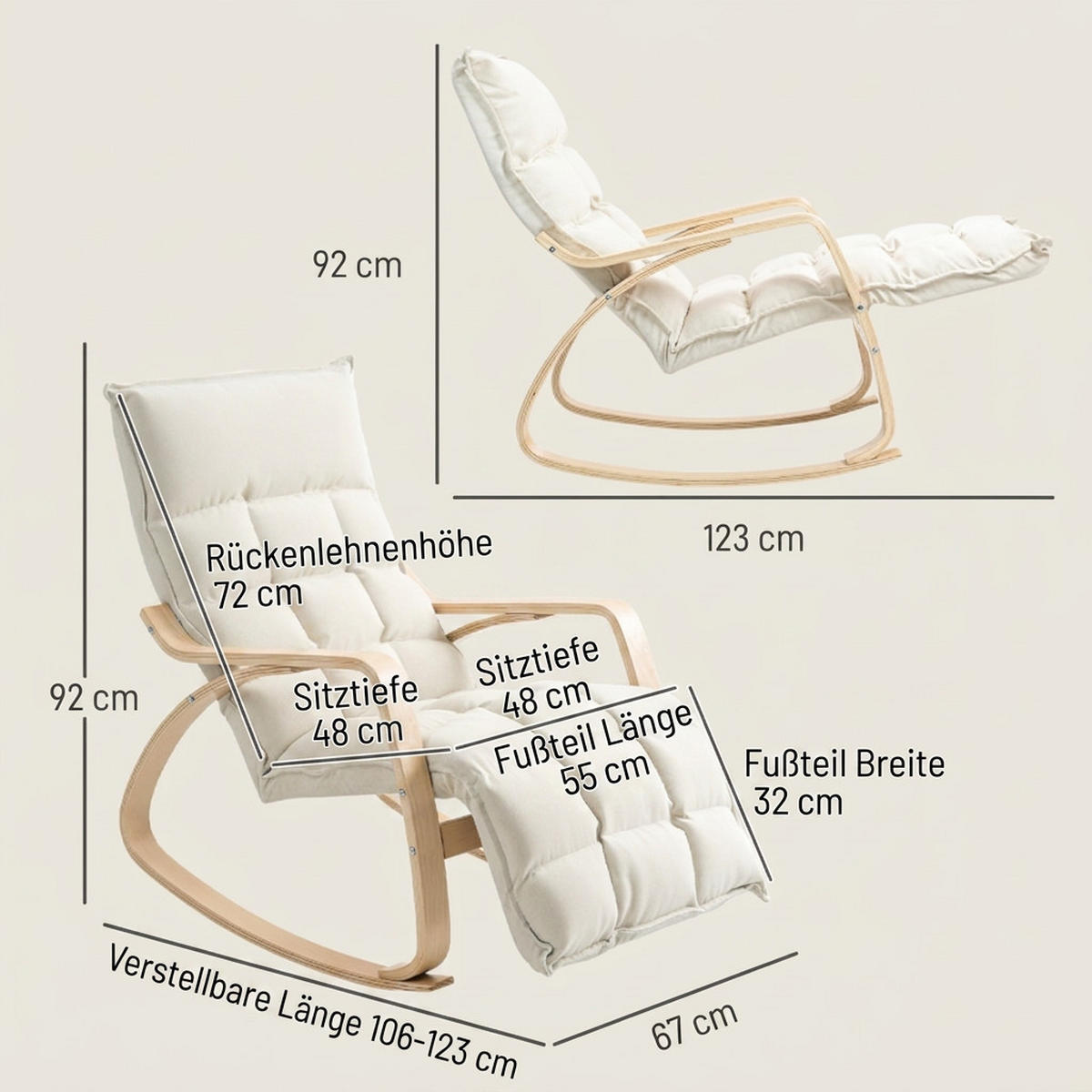 SCHAUKELSTUHL Cremeweiß mit Rückenlehne und Fußstütze - Creme, Textil (67/92/106cm) - Oxeza