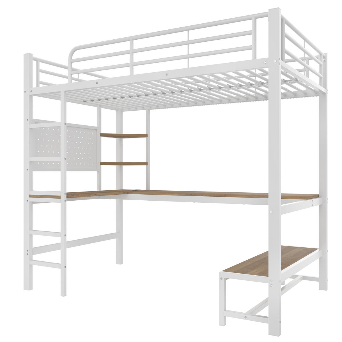 HOCHBETT 90/200 cm in Weiß mit Schreibtisch, Ablagen, LED und USB/Type-C - Weiß, Holzwerkstoff/Metall (90/200cm) - STILVORA