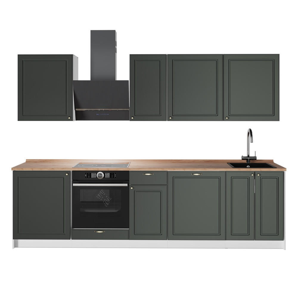 KÜCHENZEILE Fame-Line, Grün-Gold Landhaus/Weiß, 280 cm, AP Eiche - Weiß/Grün, Holzwerkstoff (280/82/60cm) - Vicco
