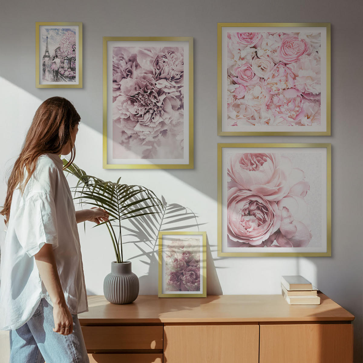 WANDBILDER 5er Set - 50x50 cm & 20x30 cm & 40x60 cm Goldrahmen - Rosa Blumen, romantische Landschaft - Goldfarben, Kunststoff (40/60cm) - ArtPrintCave