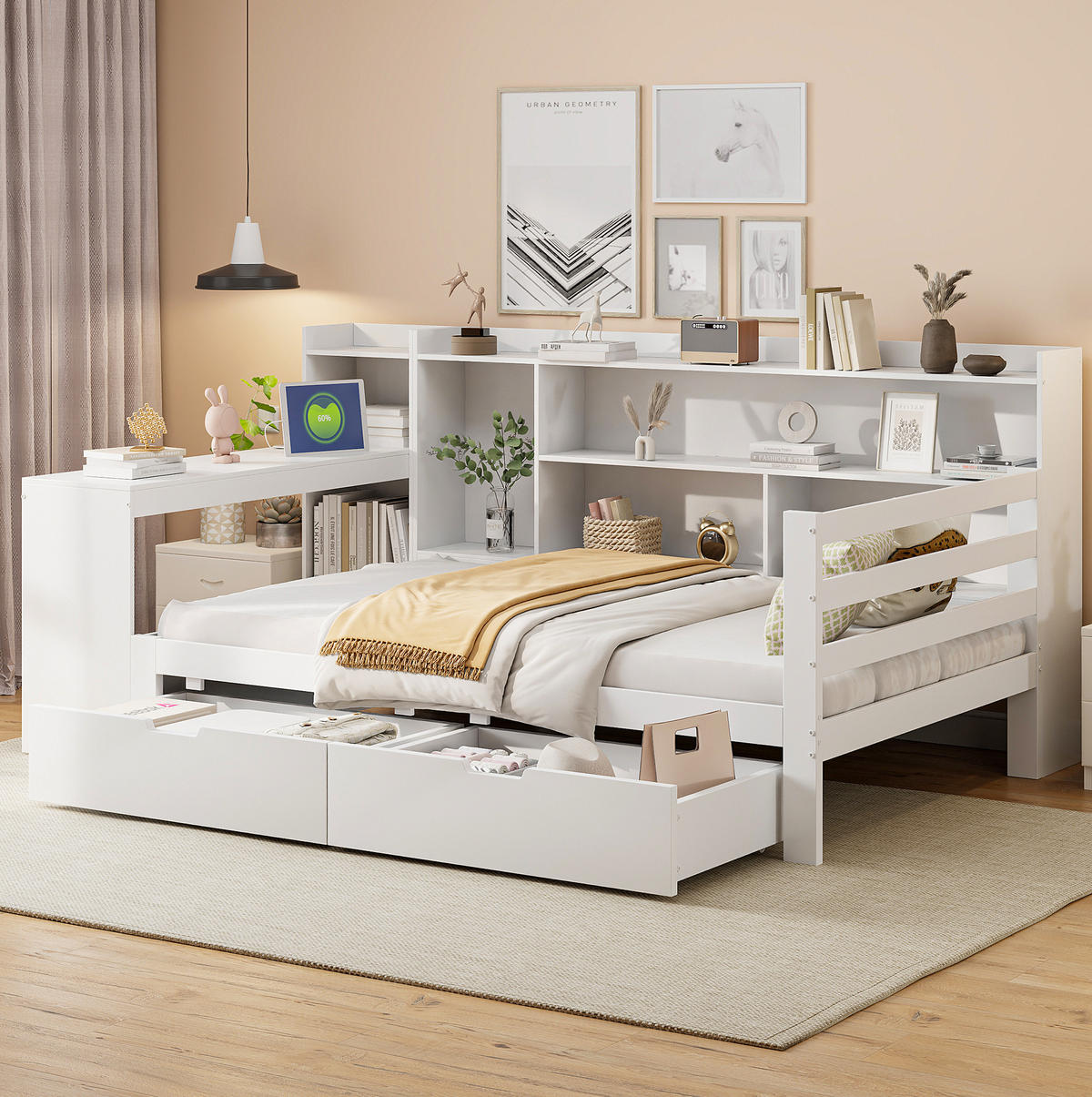 BETT 90/200 cm aus Massivholz mit Schreibtisch, Regalen und 2 Schubladen - Weiß, Holzwerkstoff (90/200cm) - BEAOK