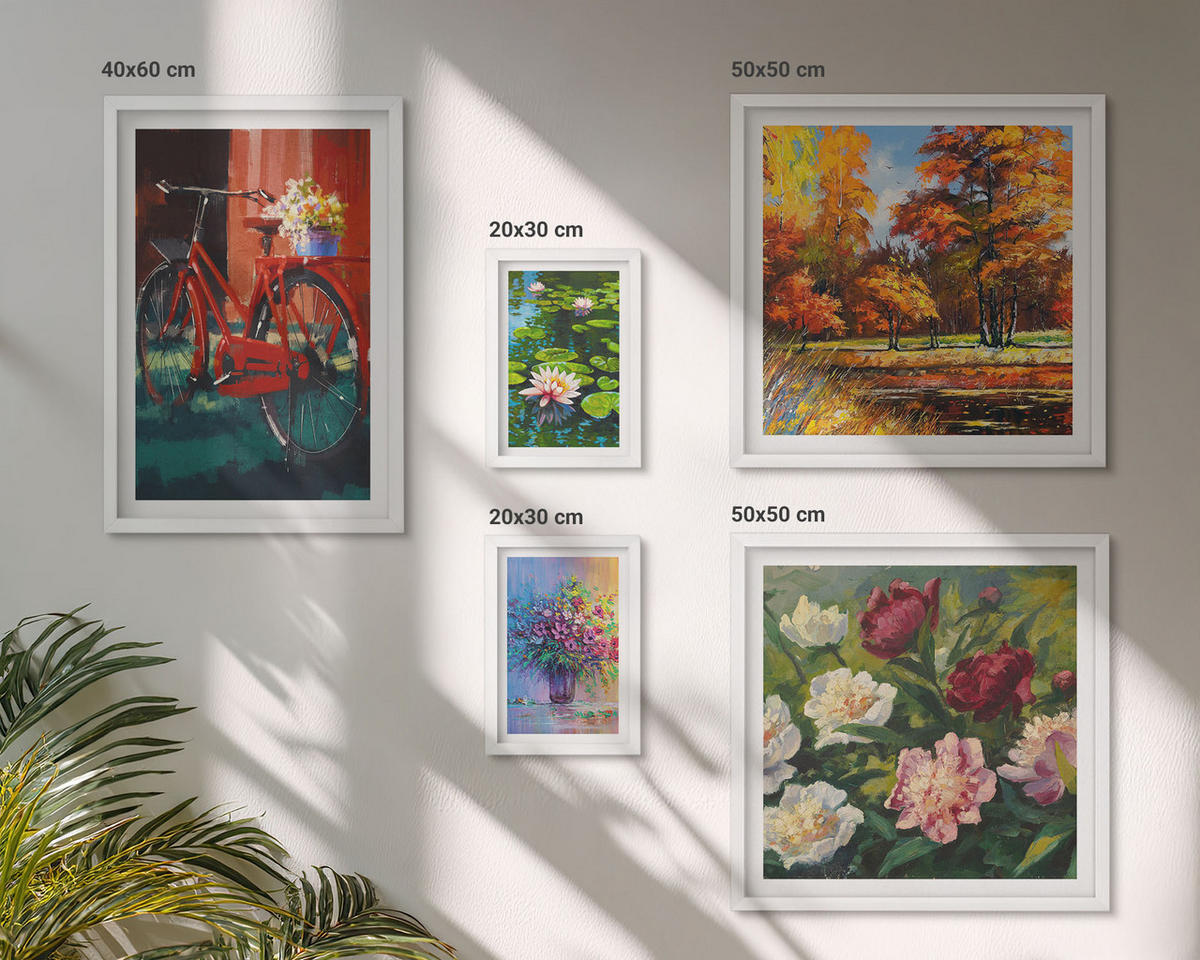 WANDBILDER 5er-Set - 50x50 cm & 20x30 cm & 40x60 cm Weißer Rahmen - Seerosen, Fahrradblumen - Weiß, Kunststoff (40/60cm) - ArtPrintCave