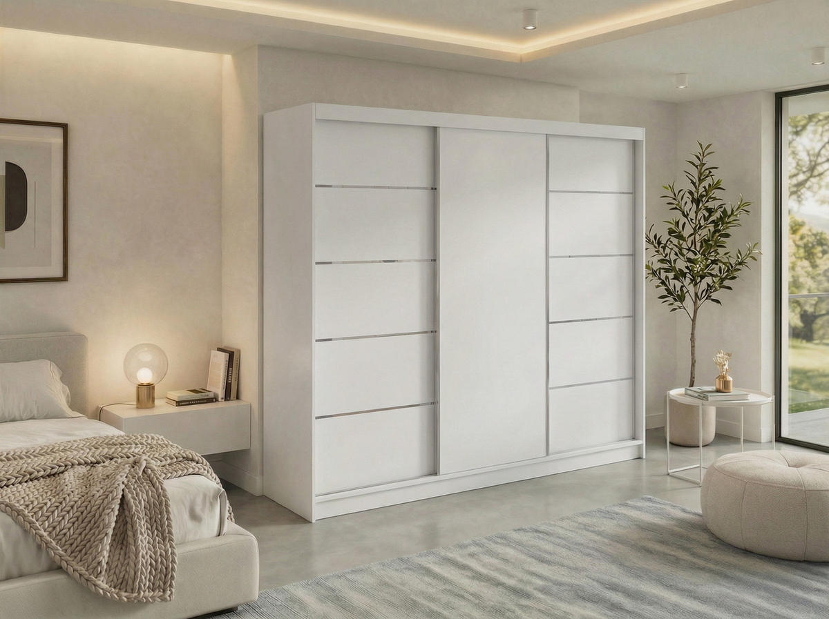 SCHWEBETÜRENSCHRANK mit Schubladen 240 - MACEDONIA - Weiß - Alufarben/Weiß, Holzwerkstoff/Metall (240/216/61cm) - MKS